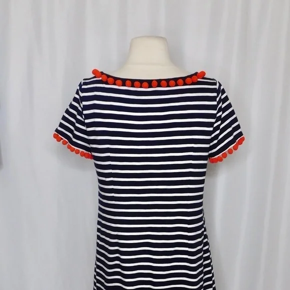 BODEN Bridget Jersey Knit Dress Navy White Stripe Red Pom Poms Shift Size 6 - Picture 12 of 16